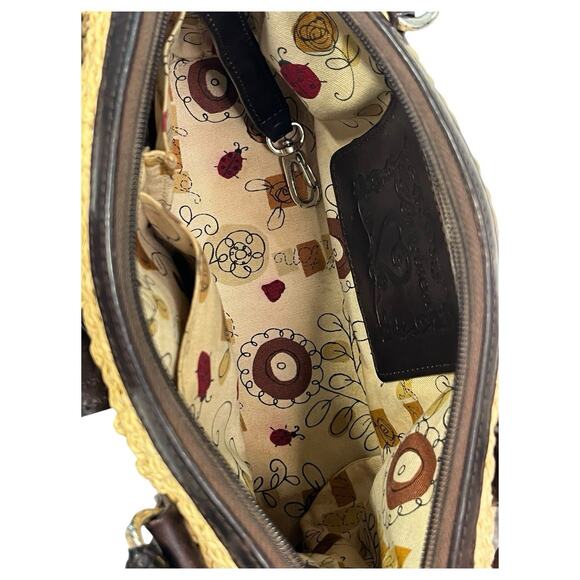 VTG Brighton Purse Brown Leather Straw Woven Double Handle Heart Boho 90s Y2K - Picture 6 of 16